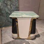 Square Pale Green Marble Side Table with White Panel and Dark High-Gloss Wood Sides